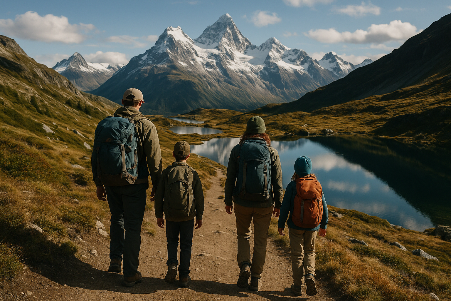 please generate an image of a family hiking with mountains and lakes in the back ground wearing back packs in the style of patagonia without branding
