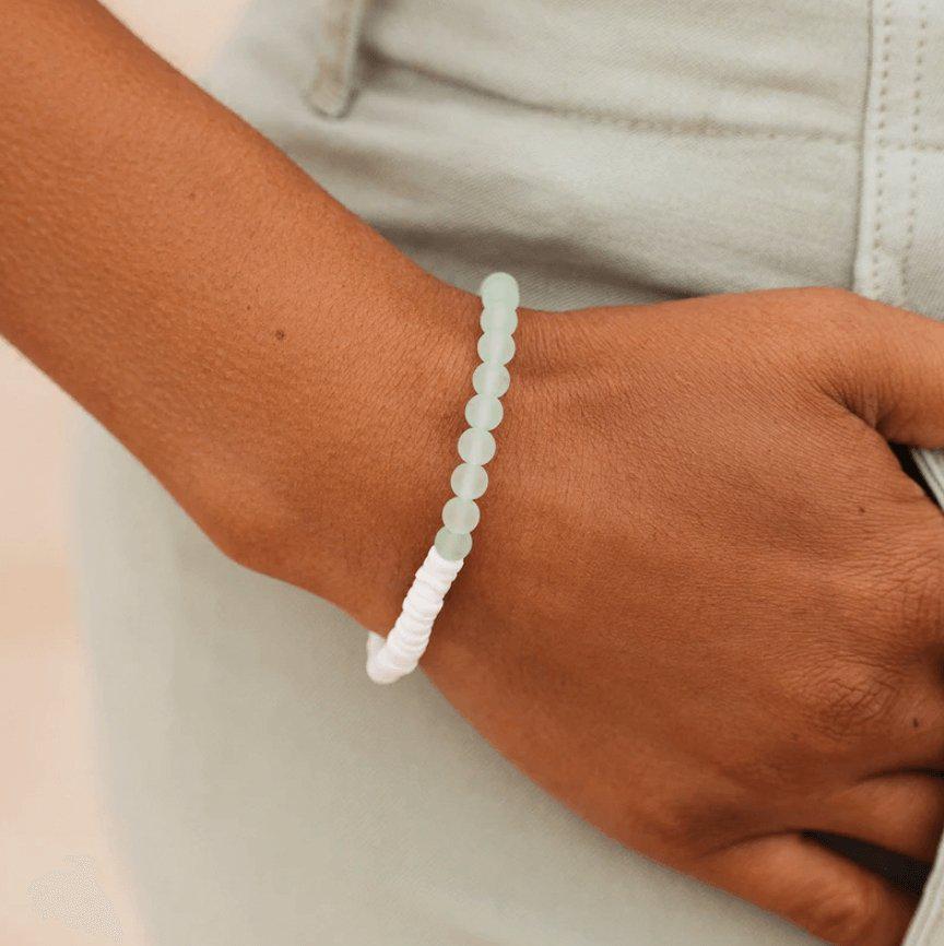 Pura Vida Puka Shell & Frosted Bead Stretch Bracelet Mint Green