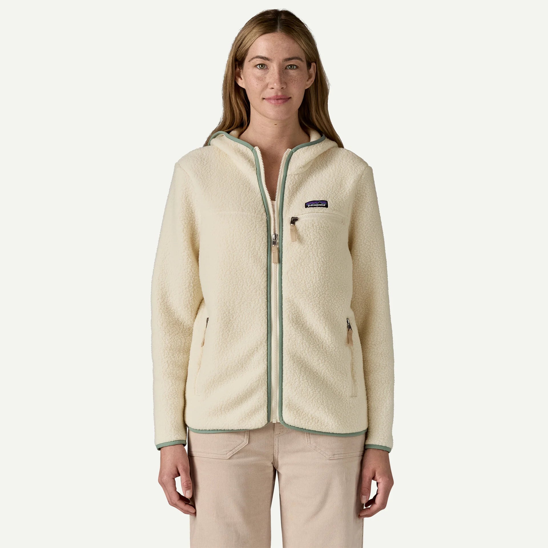 Patagonia Women's Retro Pile Fleece Hoody Natural w/ Ellwood Green