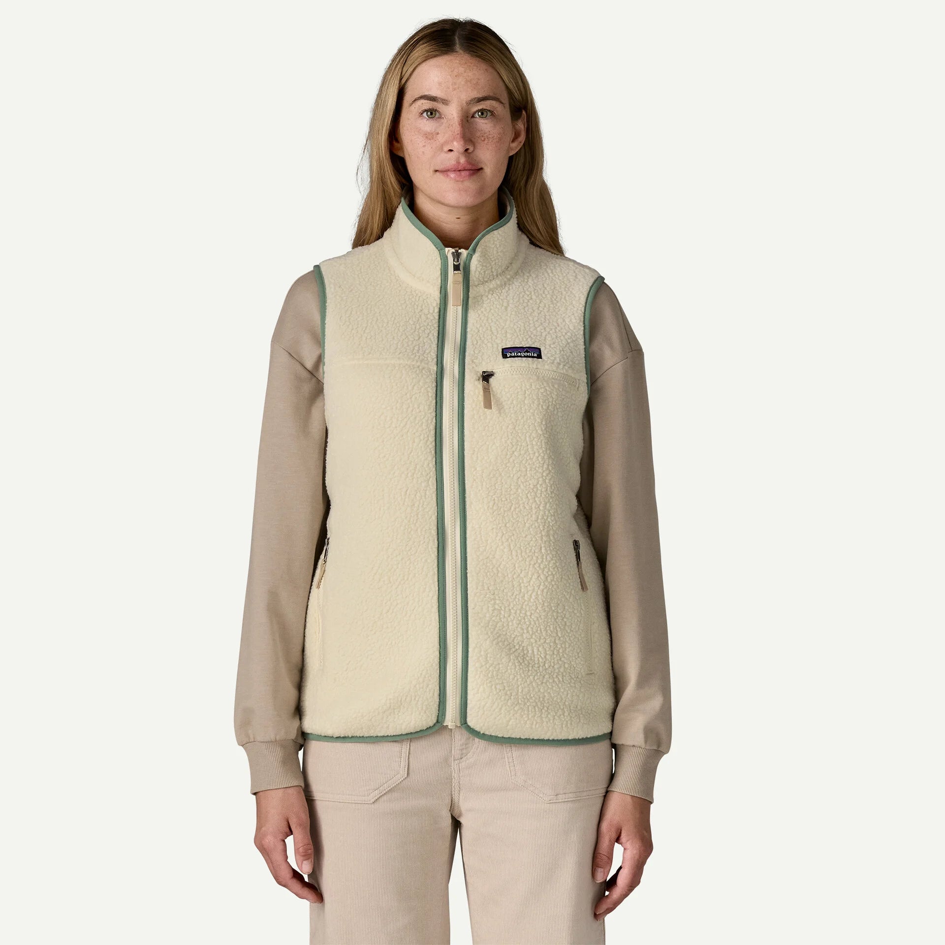 Patagonia Women's Retro Pile Fleece Vest Natural w/Ellwood Green