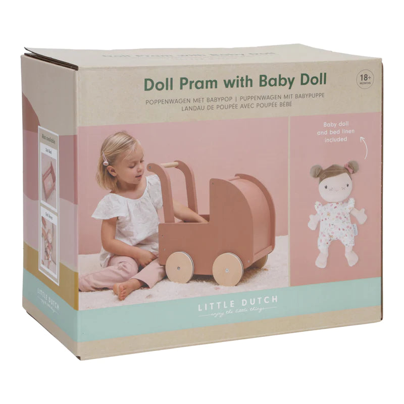 Little Dutch Wooden Doll Pram With Bedding and Doll