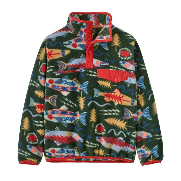 Patagonia Kids' Lightweight Synchilla® Snap-T® Fleece Pullover Salmon Energy: Old Growth Green