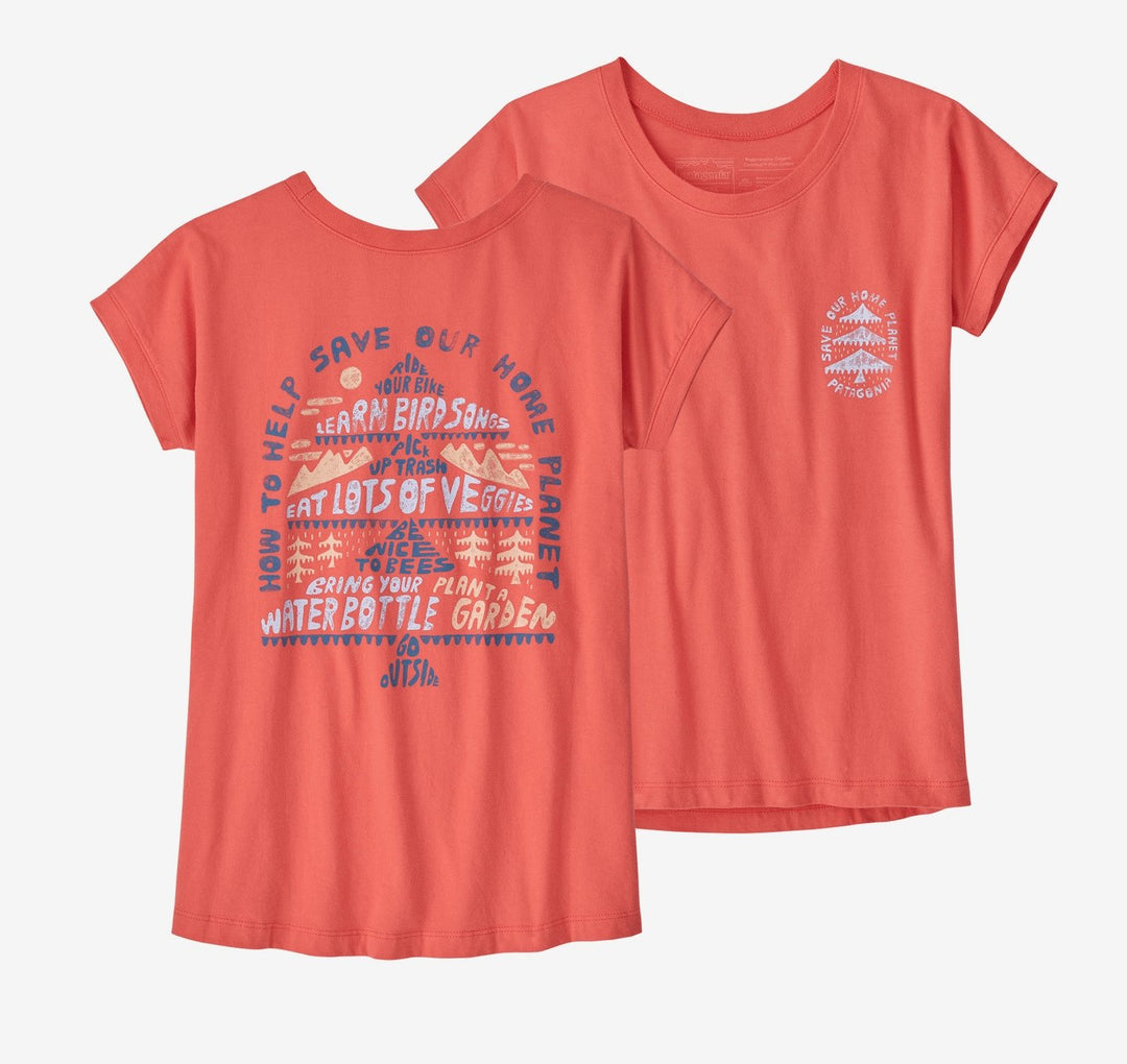 Patagonia Girls Regenerative Organic Certification Cotton Graphic T-Shirt Teach How to Save: Coral