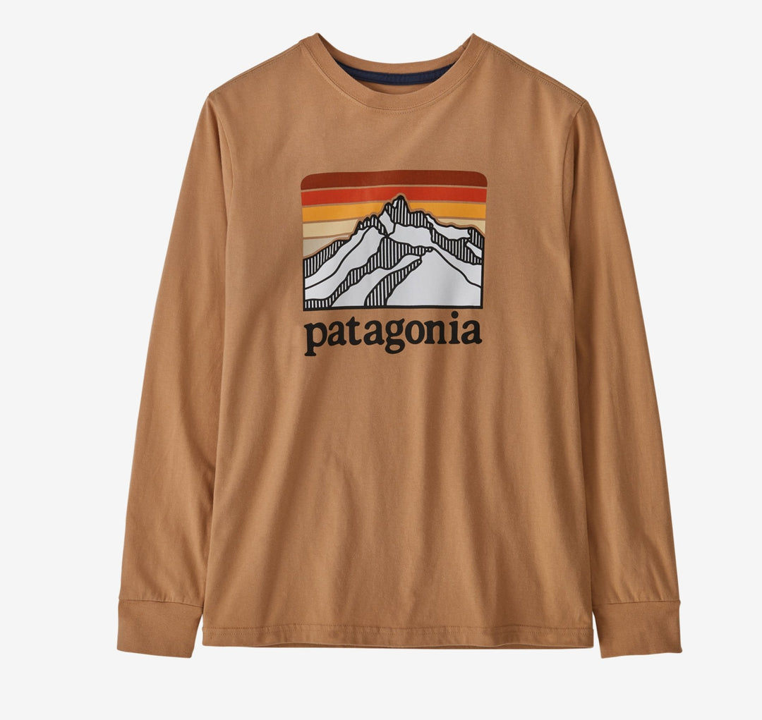 Patagonia Kids' Long-Sleeved Regenerative Organic Certified™ Cotton Graphic T-Shirt Line Logo Ridge: Dark Camel
