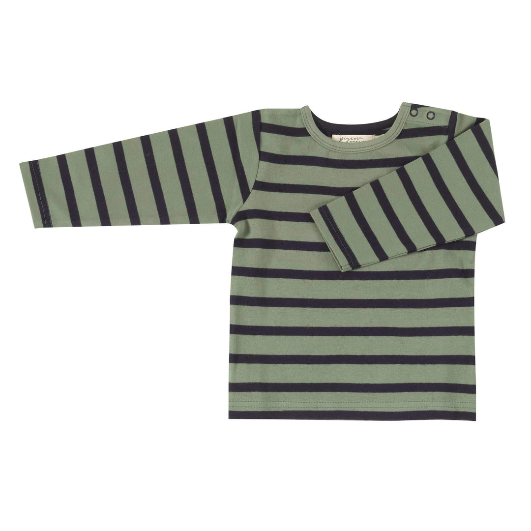 Pigeon Organics - Long Sleeved T-shirt - Breton Stripe - Green and Navy